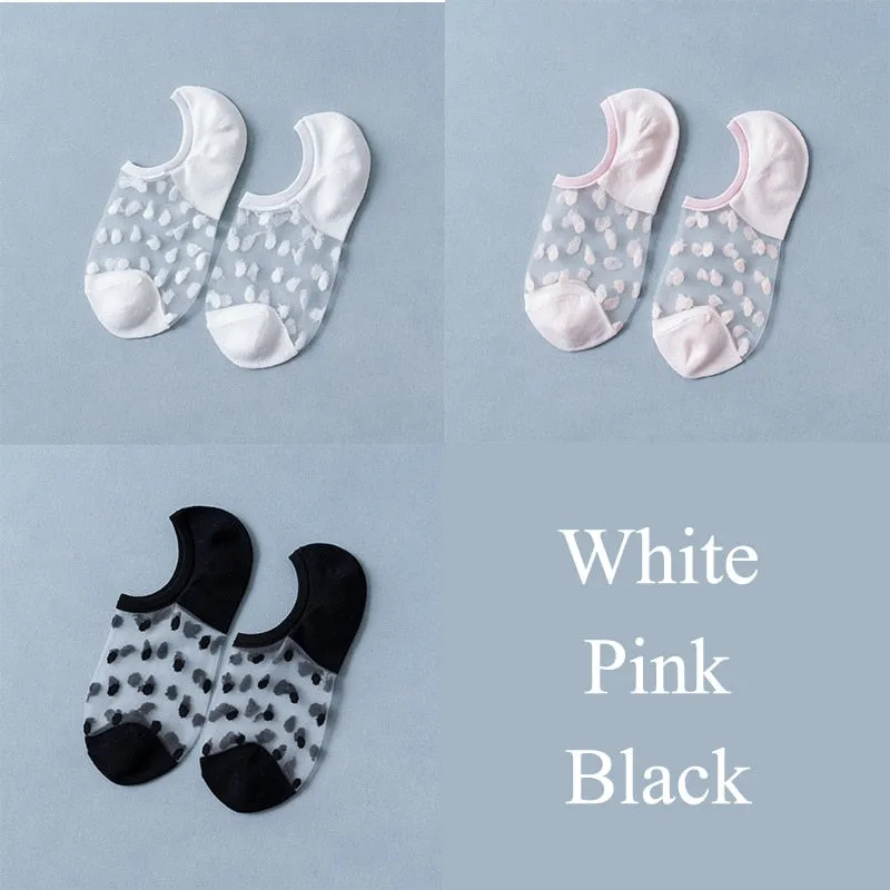 3 Pairs Transparent Lace Flower Design Elastic Invisible Boat Best Socks For Women