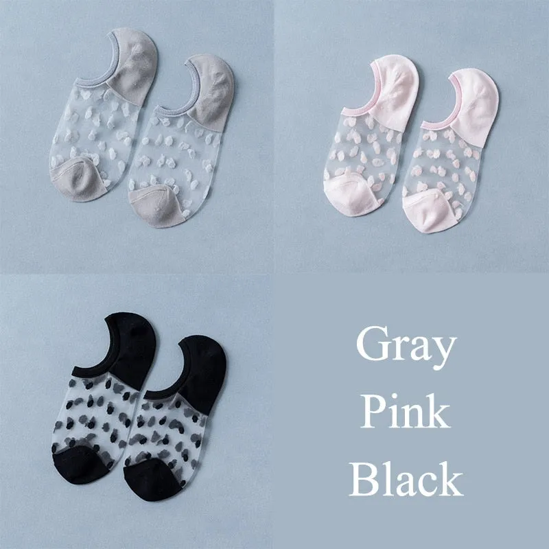 3 Pairs Transparent Lace Flower Design Elastic Invisible Boat Best Socks For Women