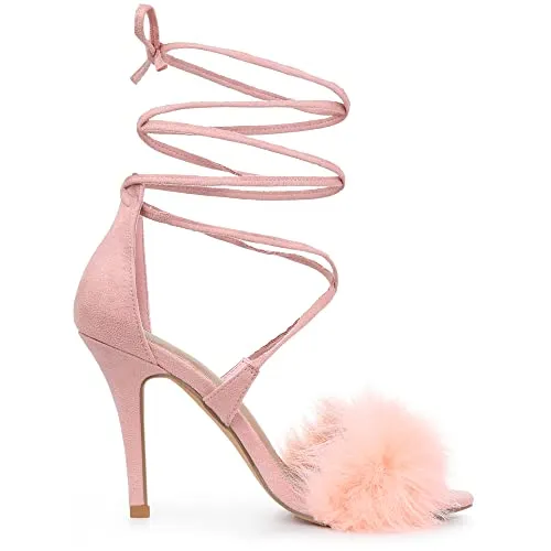 Allegra K Women's Faux Fur Stiletto Heel Pink Lace Up Heels Sandals 7.5 M US