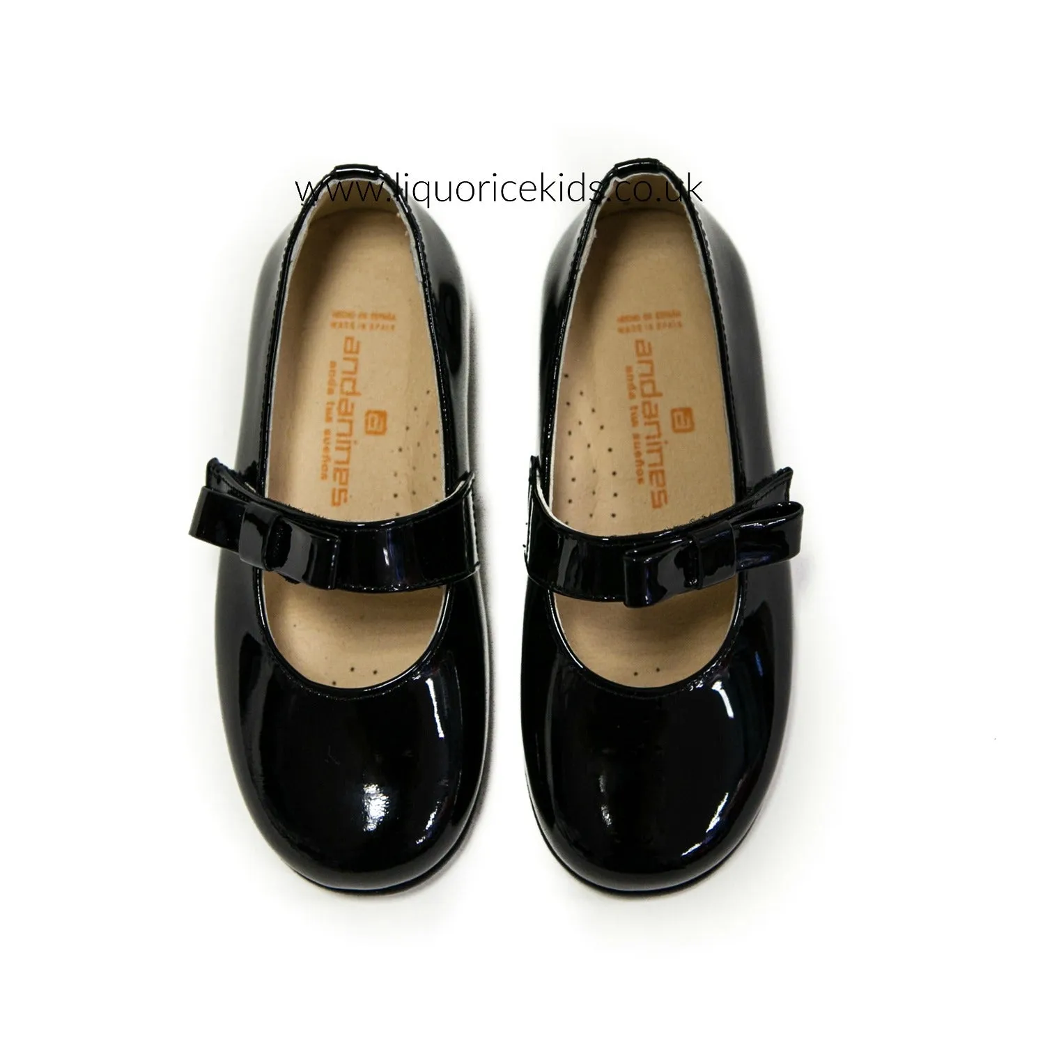 Andanines Black Patent Mary Janes with Black Bow