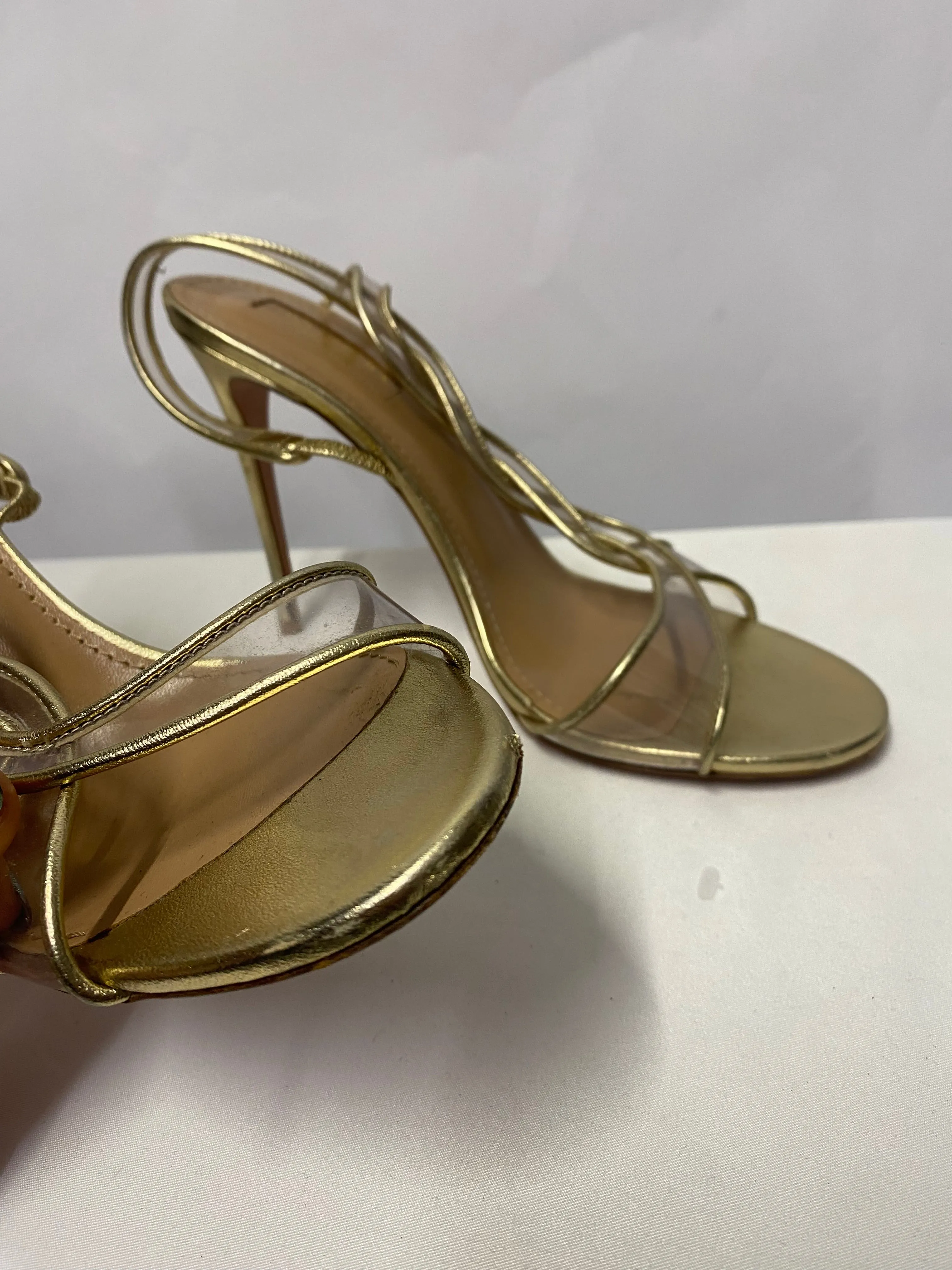 Aquazzura Gold and Clear PVC Open Toe Stiletto Heels 4