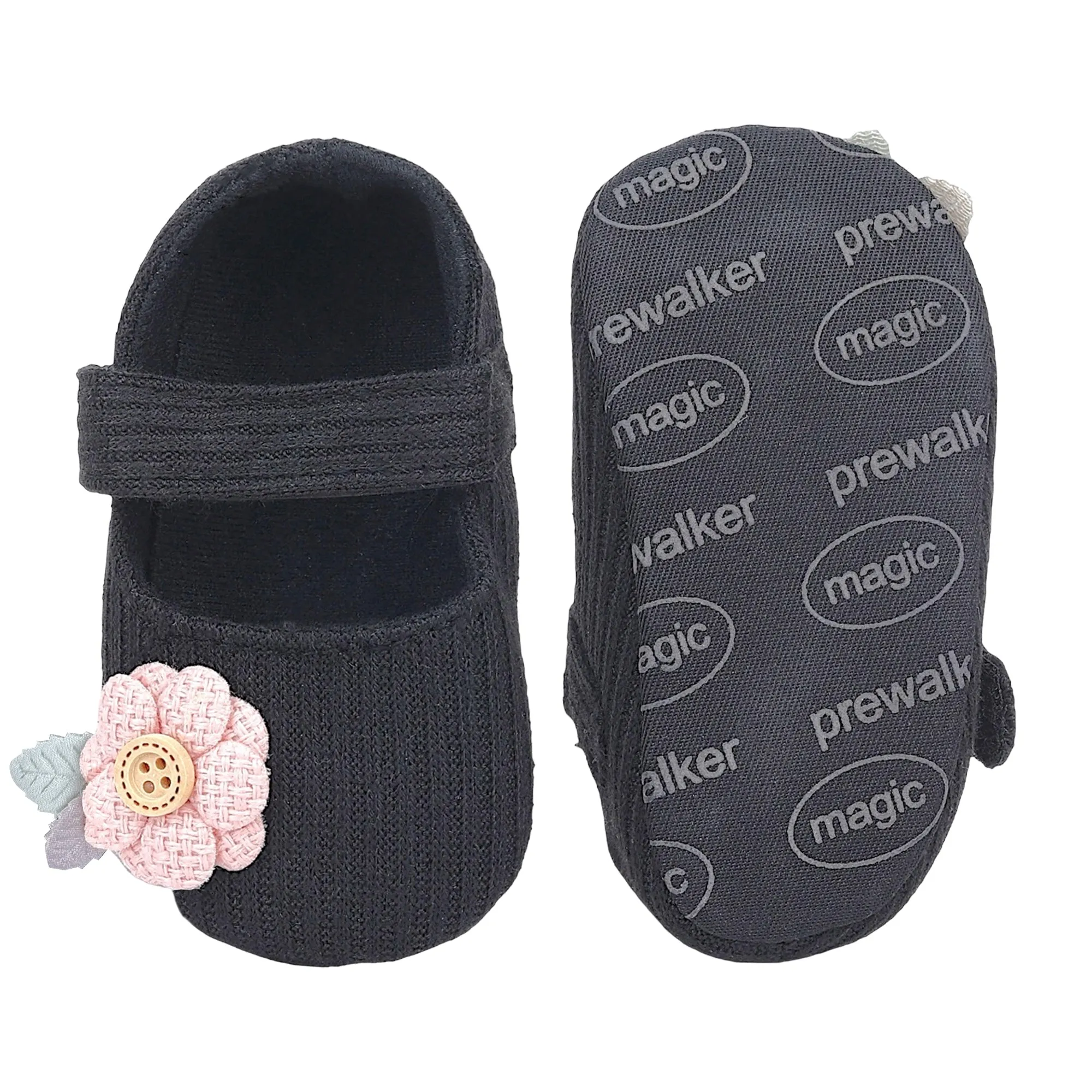 Baby Moo 3D Flower Button Velcro Strap Anti-Skid Ballerina Booties - Black