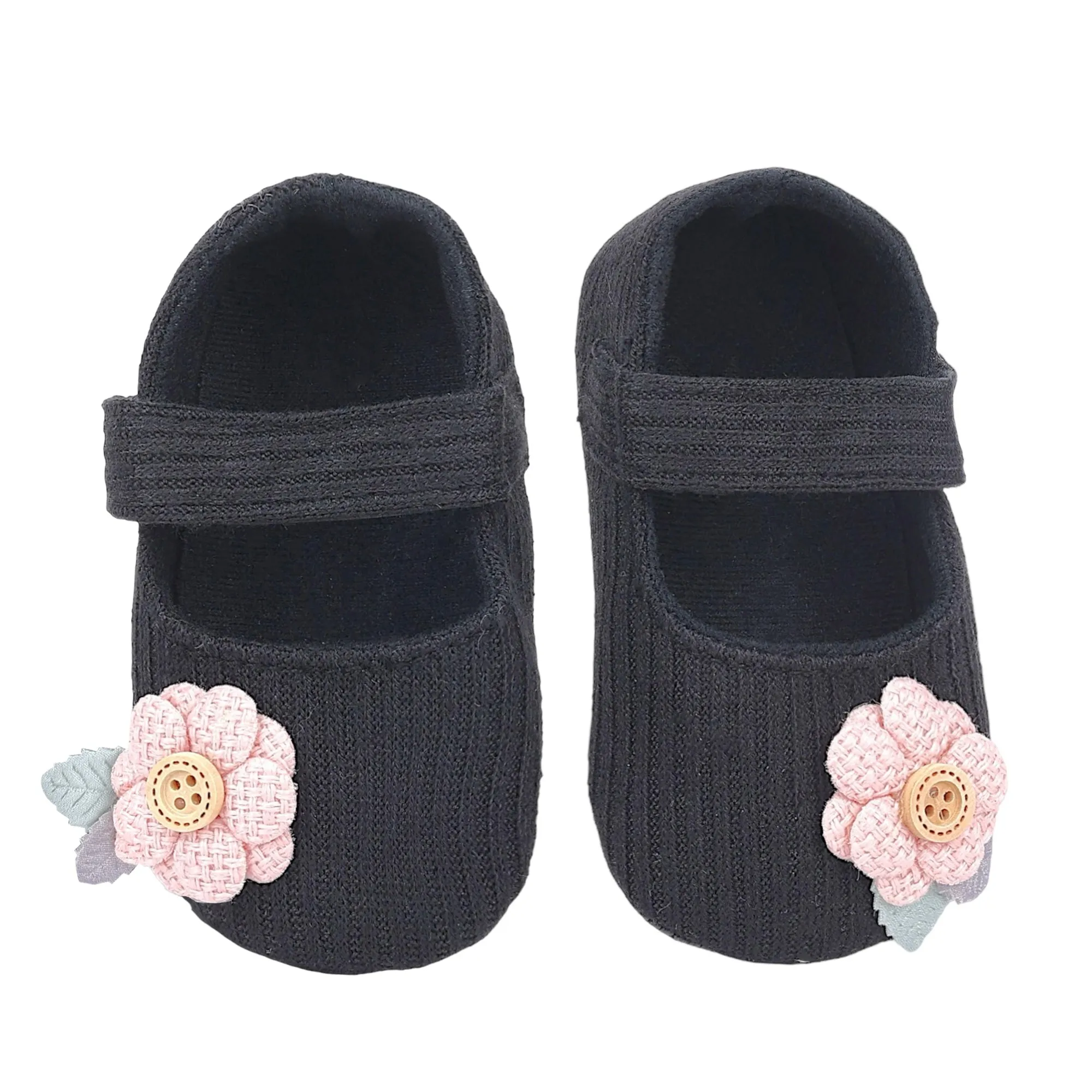 Baby Moo 3D Flower Button Velcro Strap Anti-Skid Ballerina Booties - Black