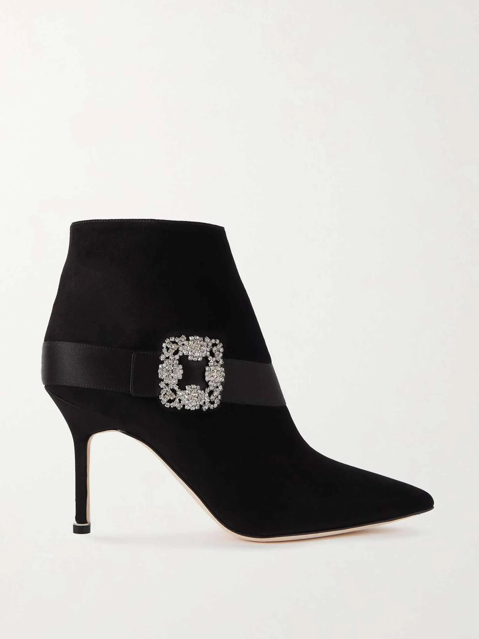 Crystal embellished satin trimmed suede ankle boots