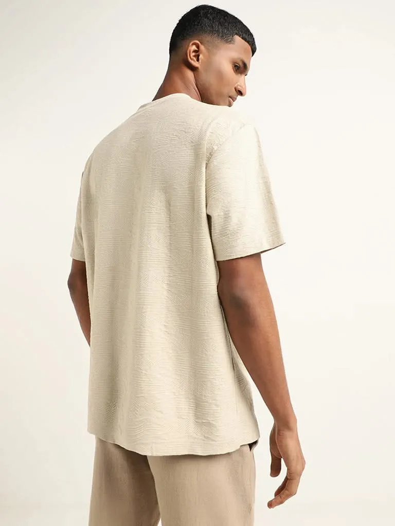 ETA Beige Self-Textured Cotton Slim Fit T-Shirt