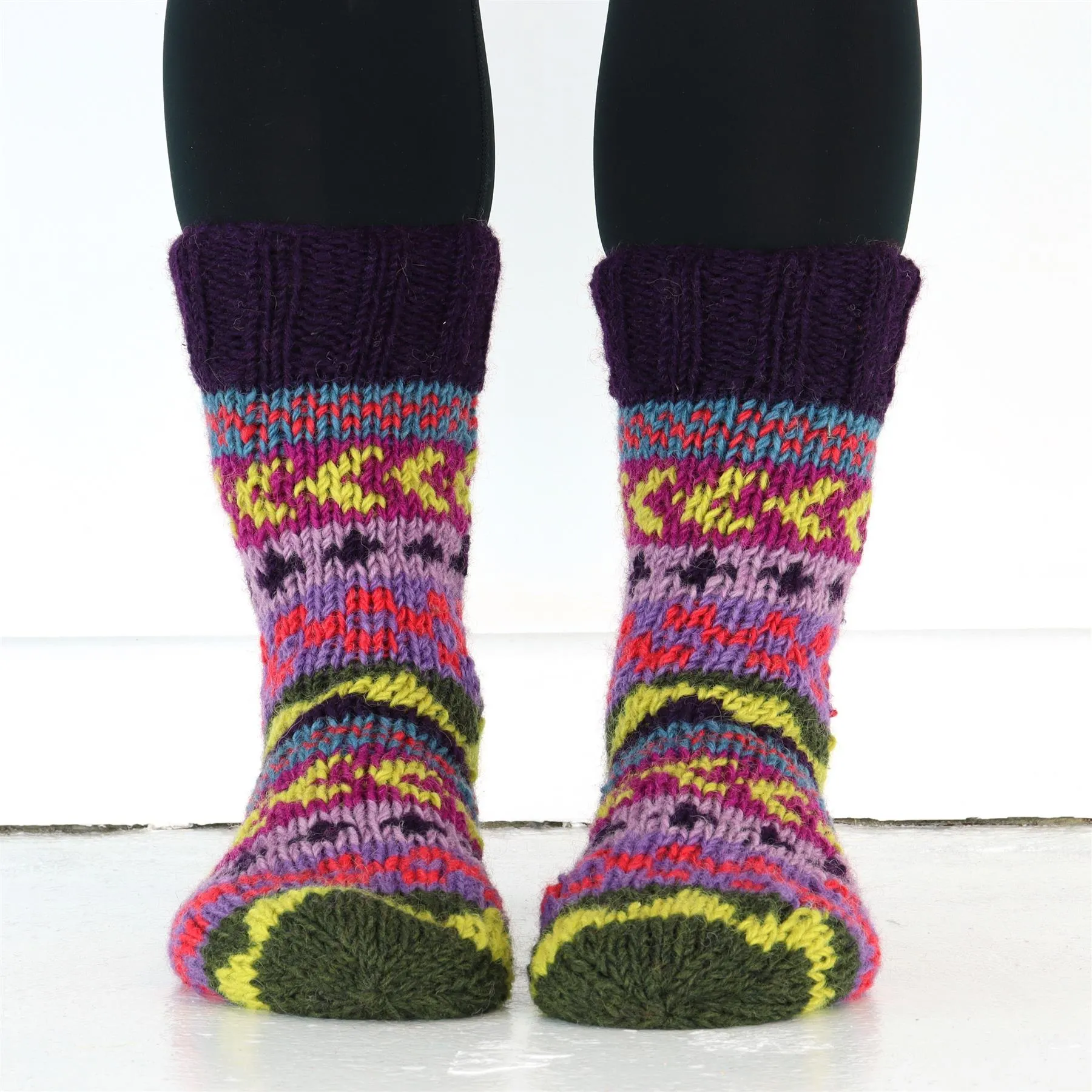 Hand Knitted Wool Slipper Socks Lined - Chevron Purple