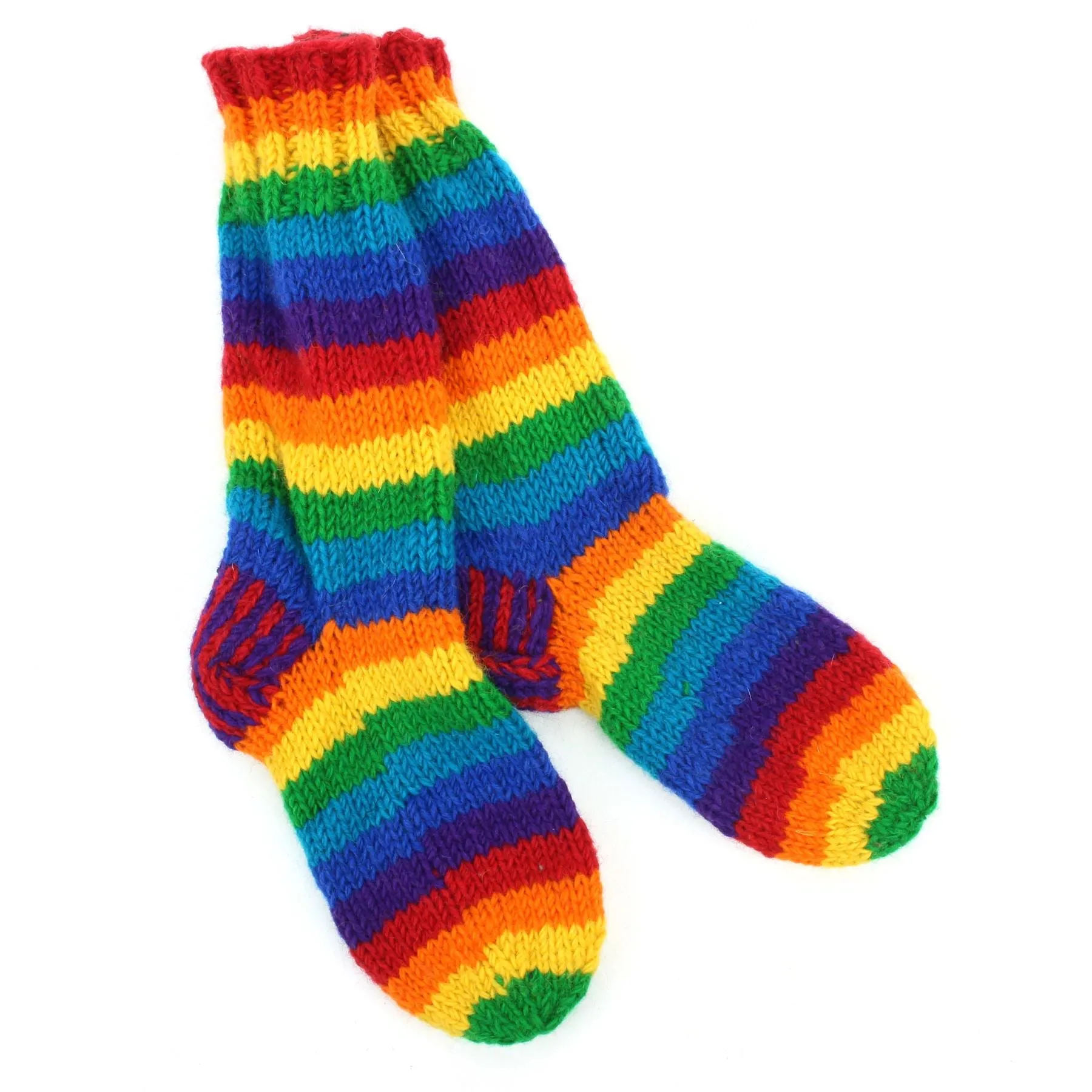 Hand Knitted Wool Slipper Socks Lined - Stripe Rainbow 1