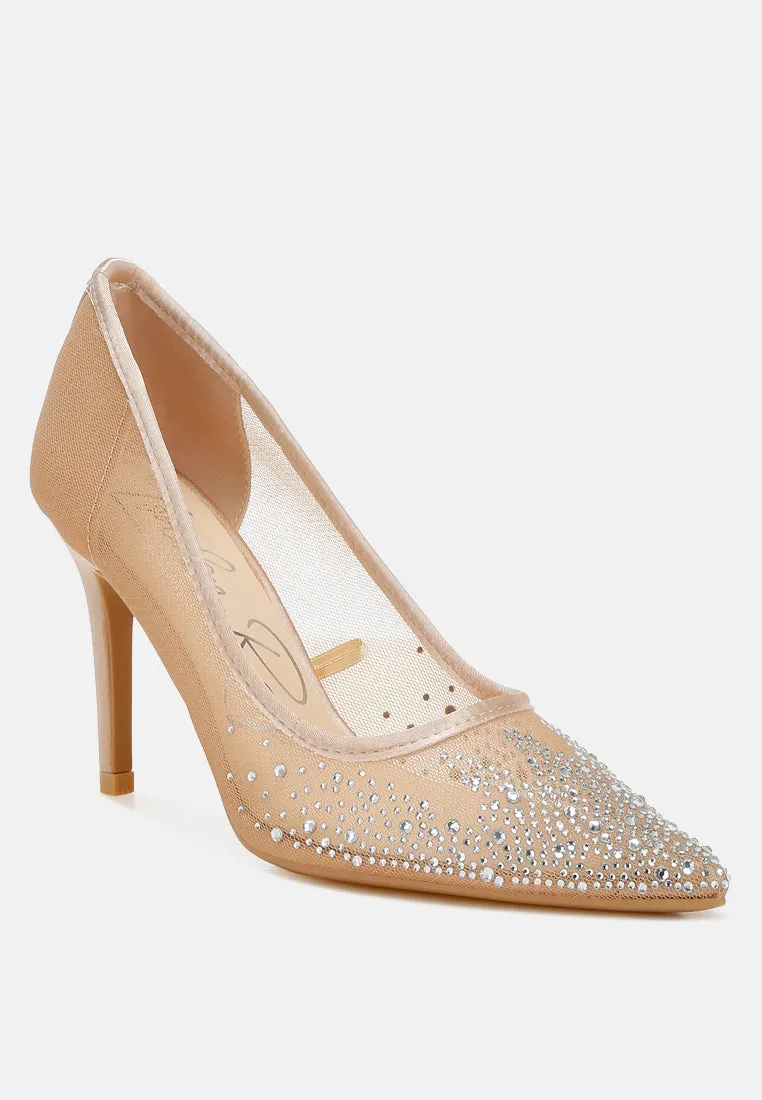 High Ball Mesh Rhinestone Stiletto Pumps