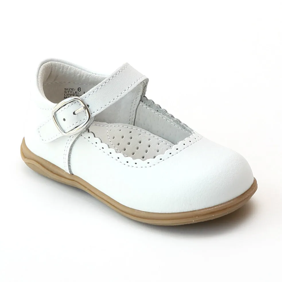 L'Amour Girls Scalloped Trim Leather Mary Janes