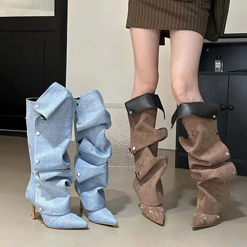 LovelyLovely Women's Denim Buckle Stitch Stiletto Boots