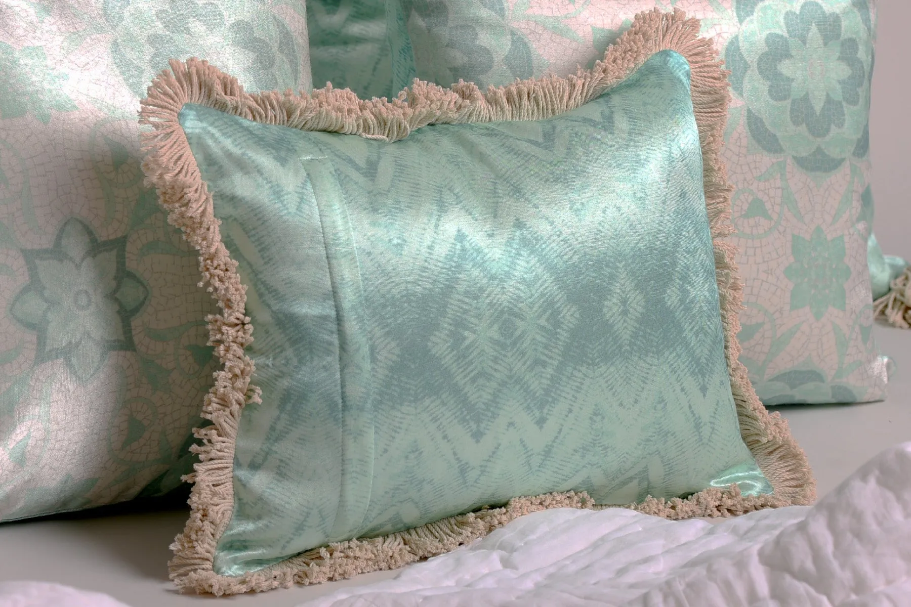 Luxury Satin Aqua and White Accent Cushion with Frey Edges