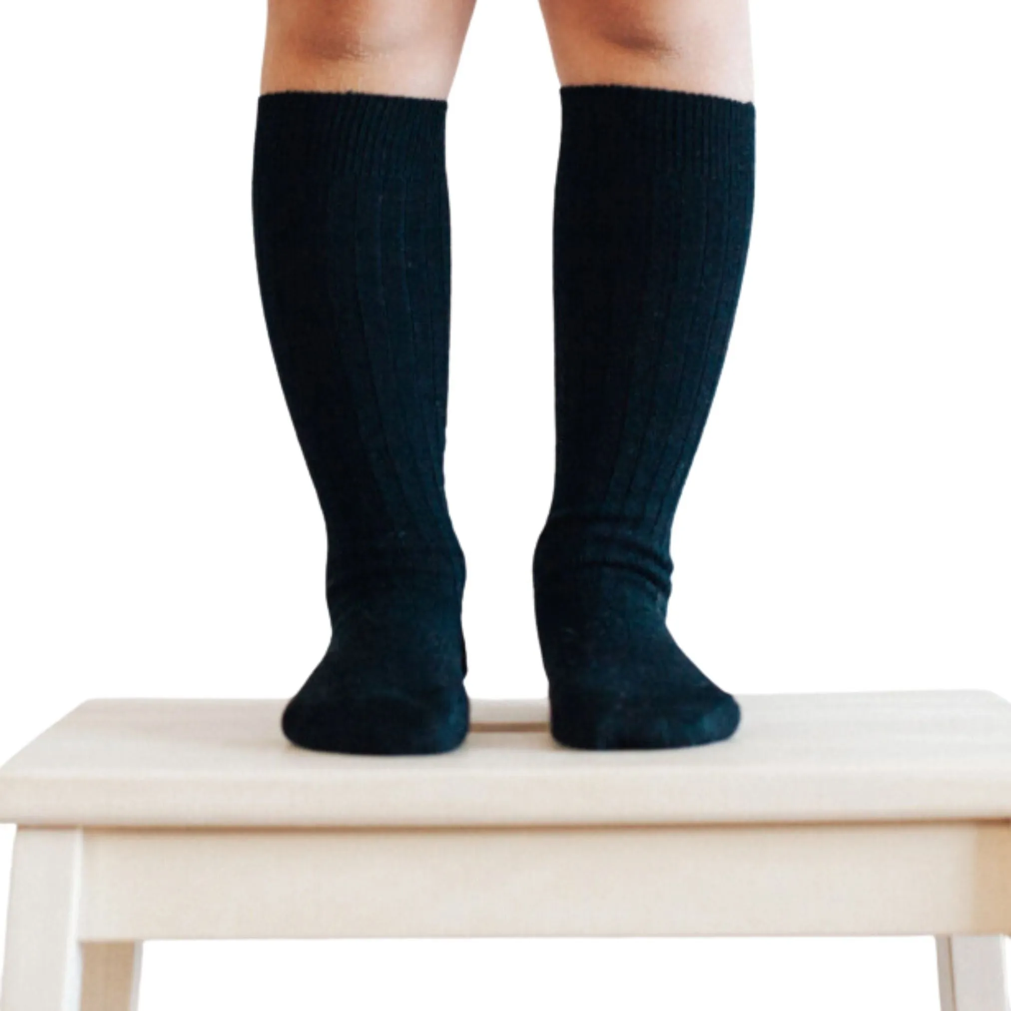 Merino Wool Knee High Rib Socks - Black