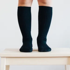 Merino Wool Knee High Rib Socks - Black