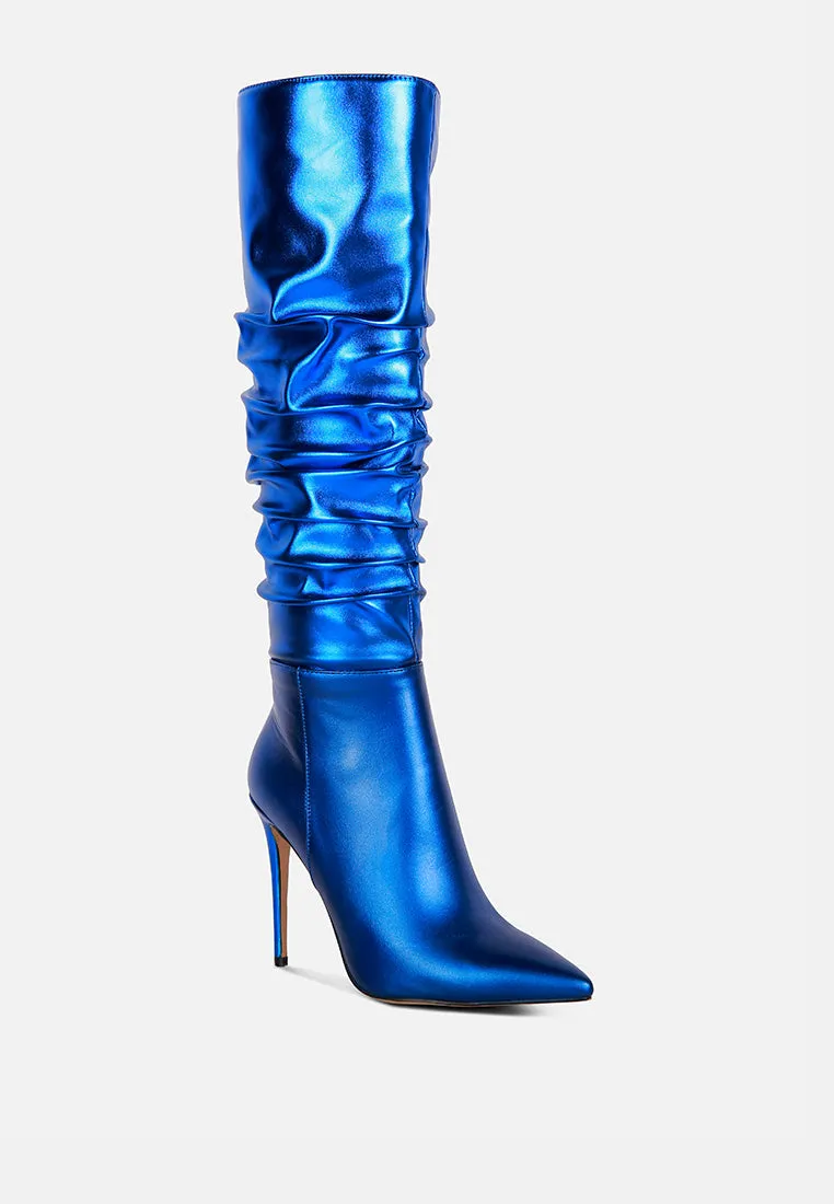 NEW-EXPRESSION Blue Metallic Ruched Stiletto Knee Boots