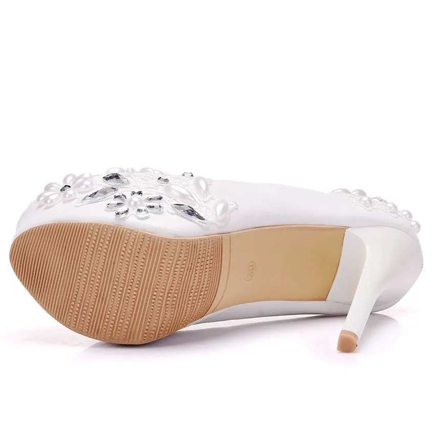 Rhinestone Pearl Lace Decor Bridal Platform Slip On Ultra High Heels