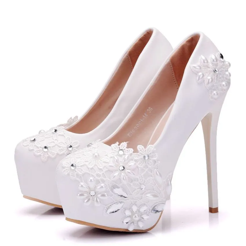 Rhinestone Pearl Lace Decor Bridal Platform Slip On Ultra High Heels