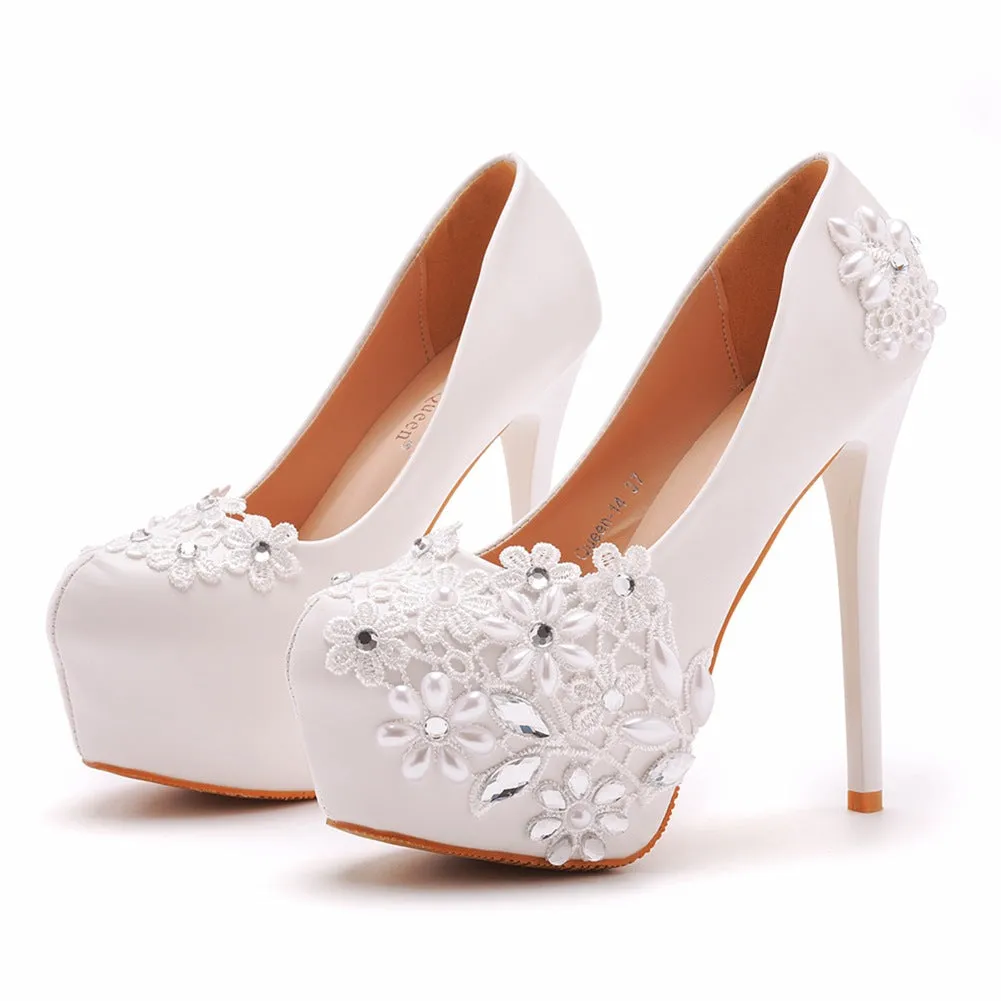 Rhinestone Pearl Lace Decor Bridal Platform Slip On Ultra High Heels