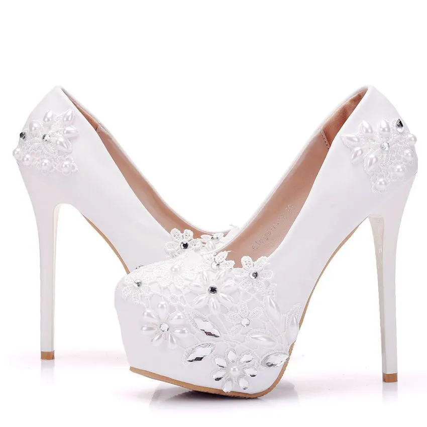 Rhinestone Pearl Lace Decor Bridal Platform Slip On Ultra High Heels