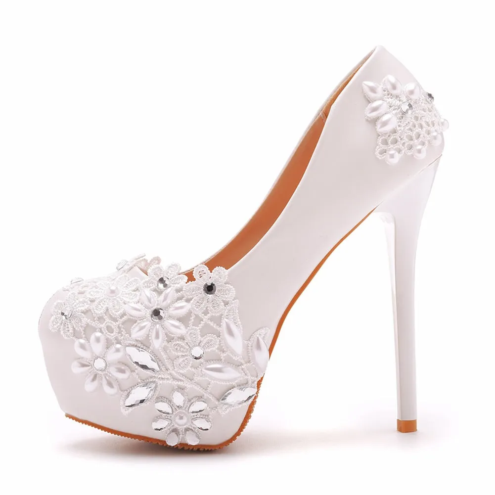 Rhinestone Pearl Lace Decor Bridal Platform Slip On Ultra High Heels