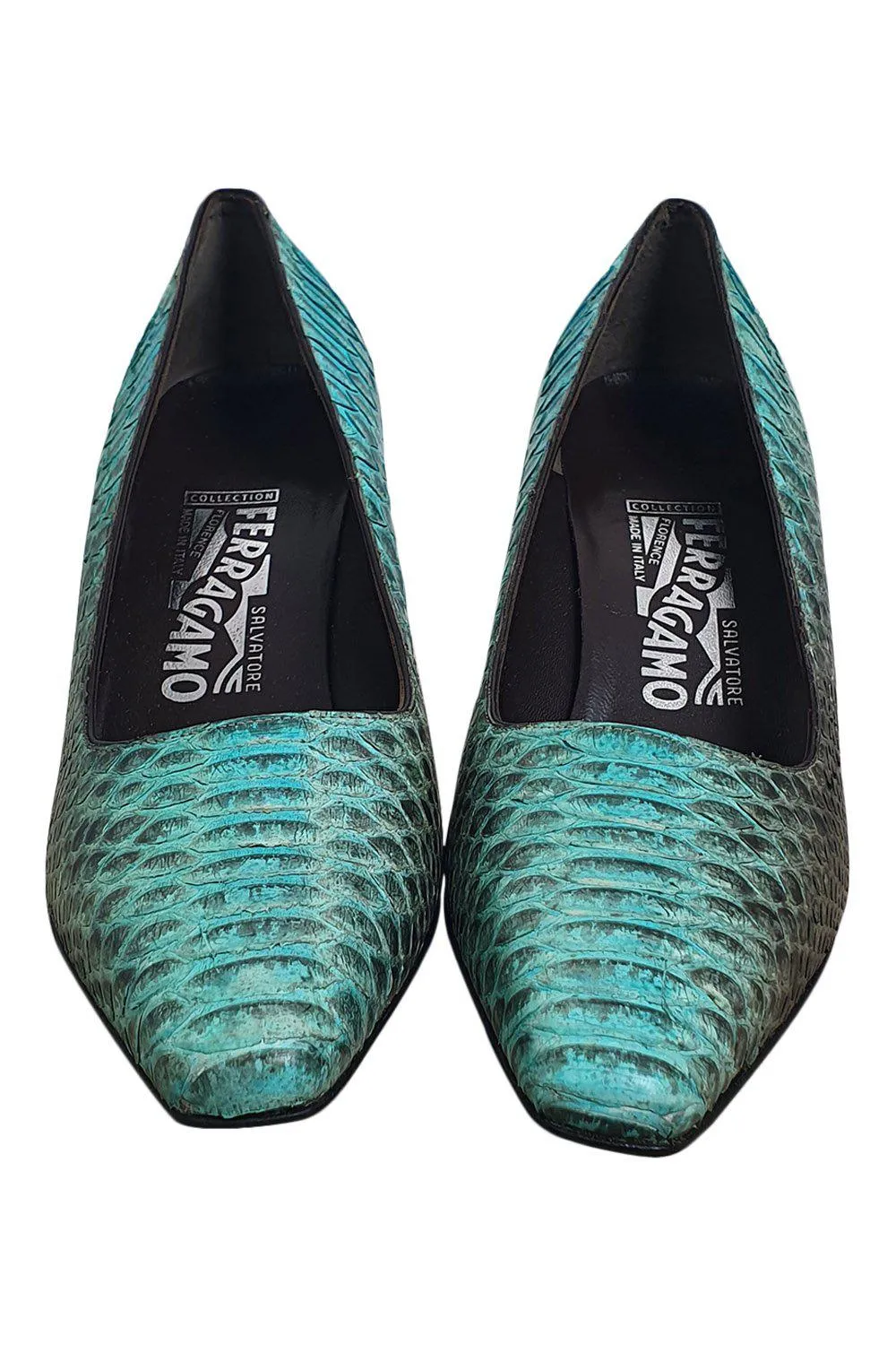 SALVATORE FERRAGAMO Blue Python Leather Almond Toe Pumps (9 B)