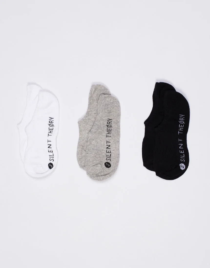 Silent No Show Sock 3 Pack White, Grey & Black