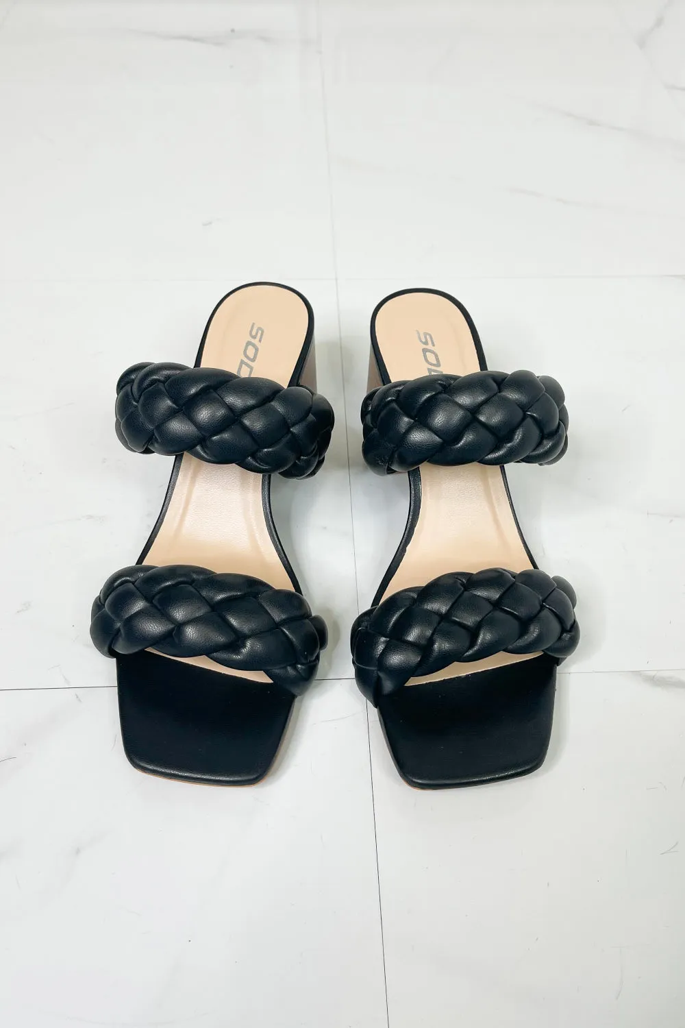 SODA Interwoven Ideas Braided Strap Block Heel Slide Sandal in Black