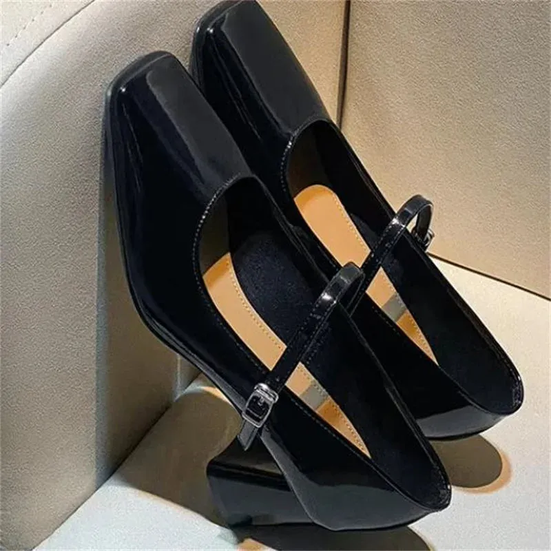 TAVIMART  -  Belts Buckle Shoes for Ladies Square Toe Churry High Heels Mary Janes Leather Chassure Femme Shallow Women's Front Strap Zapatos