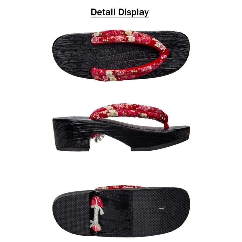 Women High Heel Geta Wooden Sandals 【Black Base Cherry Blossom】